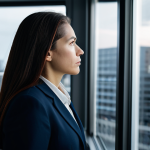 A professional businesswoman in a modest dark business suit, deeply contemplating a complex problem displayed on a clear glass whiteboard in a clean, minimalist modern office. Her expression is thoughtful and analytical, embodying the process of recognizing and overcoming cognitive biases. The background features blurred city lights through a large window, suggesting a dynamic environment. fully clothed, appropriate attire, professional dress, safe for work, appropriate content, professional, perfect anatomy, correct proportions, natural pose, well-formed hands, proper finger count, natural body proportions, professional photography, sharp focus, high detail, cinematic lighting.