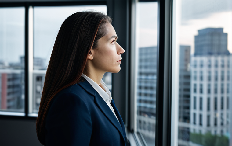 A professional businesswoman in a modest dark business suit, deeply contemplating a complex problem displayed on a clear glass whiteboard in a clean, minimalist modern office. Her expression is thoughtful and analytical, embodying the process of recognizing and overcoming cognitive biases. The background features blurred city lights through a large window, suggesting a dynamic environment. fully clothed, appropriate attire, professional dress, safe for work, appropriate content, professional, perfect anatomy, correct proportions, natural pose, well-formed hands, proper finger count, natural body proportions, professional photography, sharp focus, high detail, cinematic lighting.