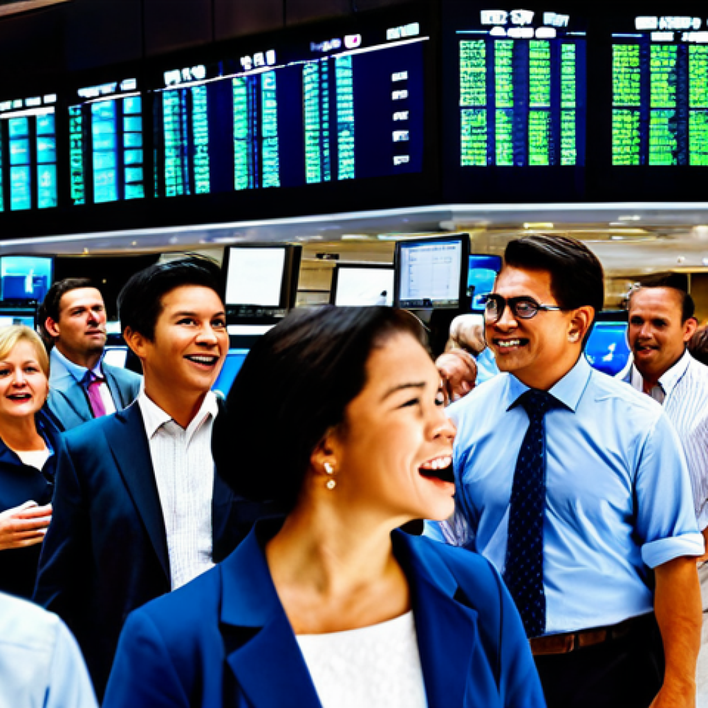 Stock Market Herd Behavior**
"A diverse group of people looking at stock market tickers displayed on large screens, fully clothed, appropriate attire, depicting concern and excitement, safe for work, emphasizing the feeling of FOMO, background of a busy stock exchange floor, perfect anatomy, natural proportions, professional photograph, modest clothing, family-friendly."
**