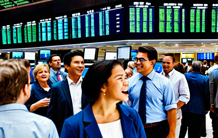 Stock Market Herd Behavior**
"A diverse group of people looking at stock market tickers displayed on large screens, fully clothed, appropriate attire, depicting concern and excitement, safe for work, emphasizing the feeling of FOMO, background of a busy stock exchange floor, perfect anatomy, natural proportions, professional photograph, modest clothing, family-friendly."
**