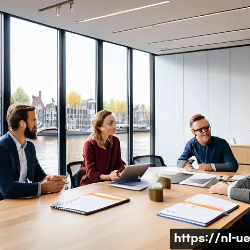 편향 극복을 위한 체계적인 접근 방법 - A professional office setting in the Netherlands showing a diverse group of coworkers engaged in a t...