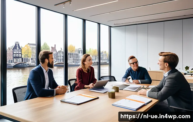 편향 극복을 위한 체계적인 접근 방법 - A professional office setting in the Netherlands showing a diverse group of coworkers engaged in a t...