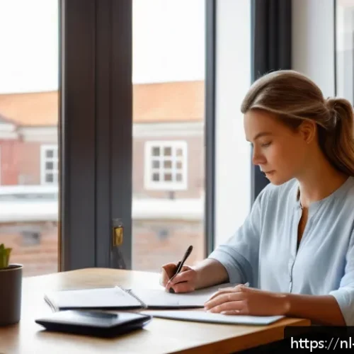 Home 30 행동재무학의 핵심 원칙과 적용 방법 - A cozy modern Dutch home office scene with a young professional woman calmly writing in a financial ...