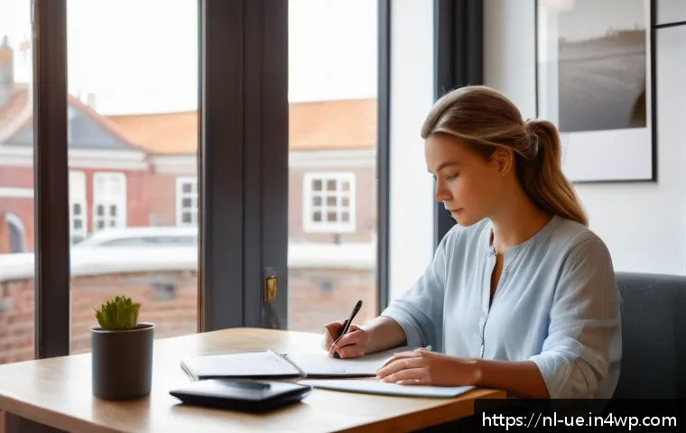 행동재무학의 핵심 원칙과 적용 방법 - A cozy modern Dutch home office scene with a young professional woman calmly writing in a financial ...
