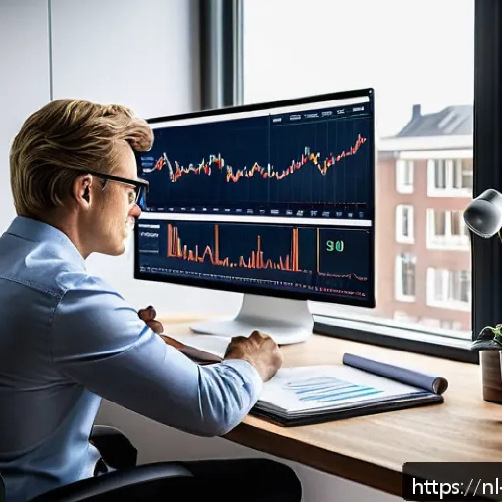 사례 중심의 행동재무학 적용 방법 - A professional Dutch investor sitting calmly at a modern home office desk with multiple screens disp...