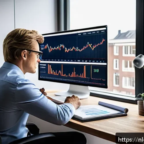 Home 17 사례 중심의 행동재무학 적용 방법 - A professional Dutch investor sitting calmly at a modern home office desk with multiple screens disp...