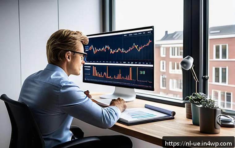 사례 중심의 행동재무학 적용 방법 - A professional Dutch investor sitting calmly at a modern home office desk with multiple screens disp...